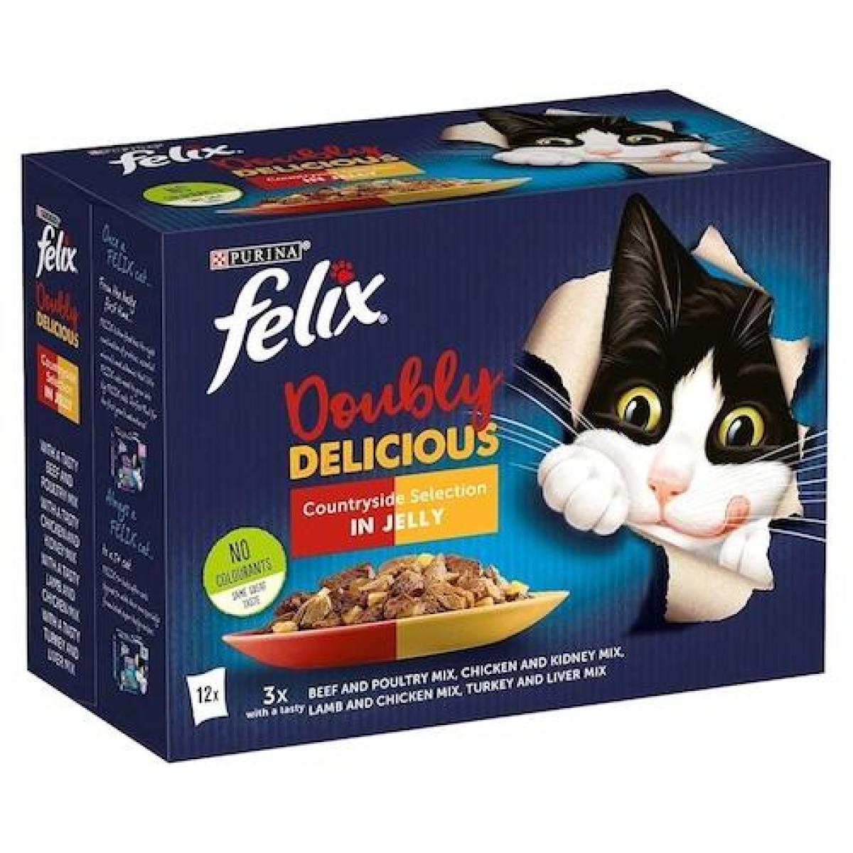 Felix Doubly Delicious Beef & Poultry (3), Chicken & Kidney (3), Lamb & Chicken (3), Turkey & Liver (3)